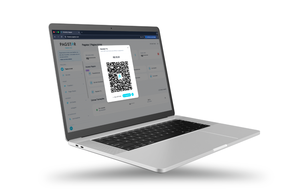 A imagem apresenta um laptop (estilo MacBook Pro) de cor prateada, posicionado em um ângulo de 45 graus para a direita, flutuando contra um fundo preto sólido. A tela está acesa e exibe o dashboard da plataforma financeira Pagstar. O Painel Financeiro e o QR Code No centro da tela, há uma janela flutuante (modal) branca que se sobrepõe ao restante do sistema. Os elementos principais são: Título: No topo da janela, lê-se "Receber Pix". Valor: Logo abaixo, aparece o valor de R$ 20,00. QR Code: Um código QR grande, em preto e branco, ocupa o centro da janela. No coração do código QR, há um pequeno ícone azul (o logotipo da Pagstar). Botões de Ação: Na base dessa janela, há botões pequenos para copiar o código ou gerar um novo. O Dashboard ao Fundo Atrás da janela do Pix, é possível ver a interface de gerenciamento da conta: Menu Lateral: À esquerda, uma barra vertical com ícones e textos como: "Página Inicial", "Extrato", "Transferir" e "Pagamentos". Resumo de Saldo: No topo da página, campos de saldo aparecem ocultos (representados por asteriscos: R$ *****), garantindo a privacidade do usuário na demonstração. Layout: O design é moderno, com tons de cinza claro, branco e detalhes em azul ciano.